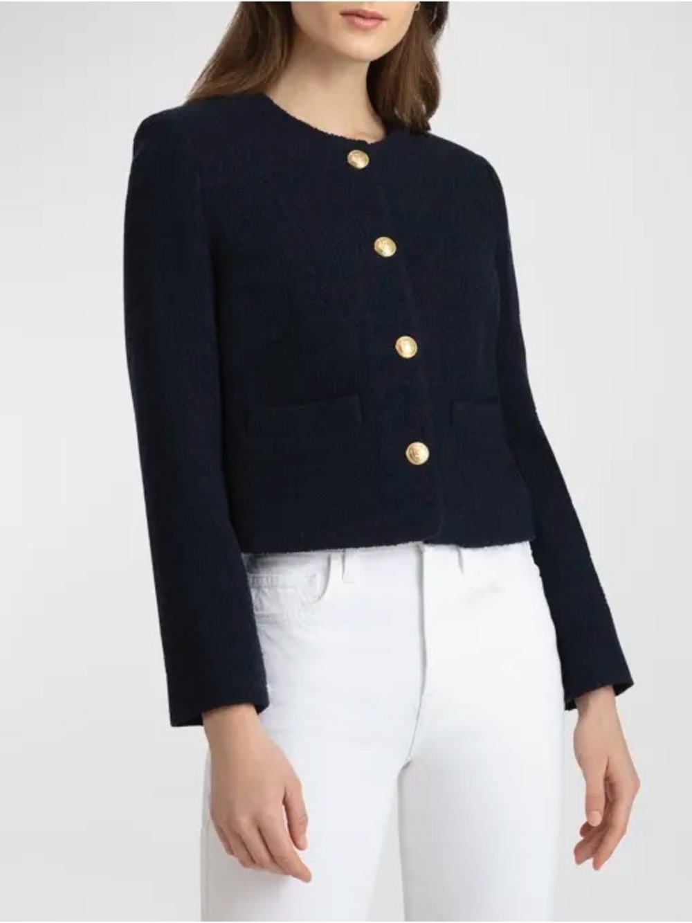 JUDITH & CHARLES Navy Blue Seine Cropped Button-front Wool Tweed Jacket
